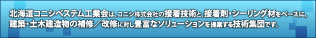 北海道コニシベステム工業会は、コニシ株式会社の接着技術と、接着剤・シーリング材をベースに、建築・土木建造物の補修／改修に対し豊富なソリューションを提案する技術集団です。